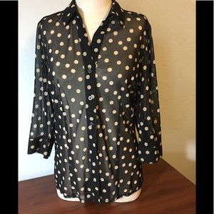Chico’s Sheer Black Button Down Blouse cream dots